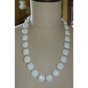White Lucite Hexagon Bead Beaded Silver Tone Neckl